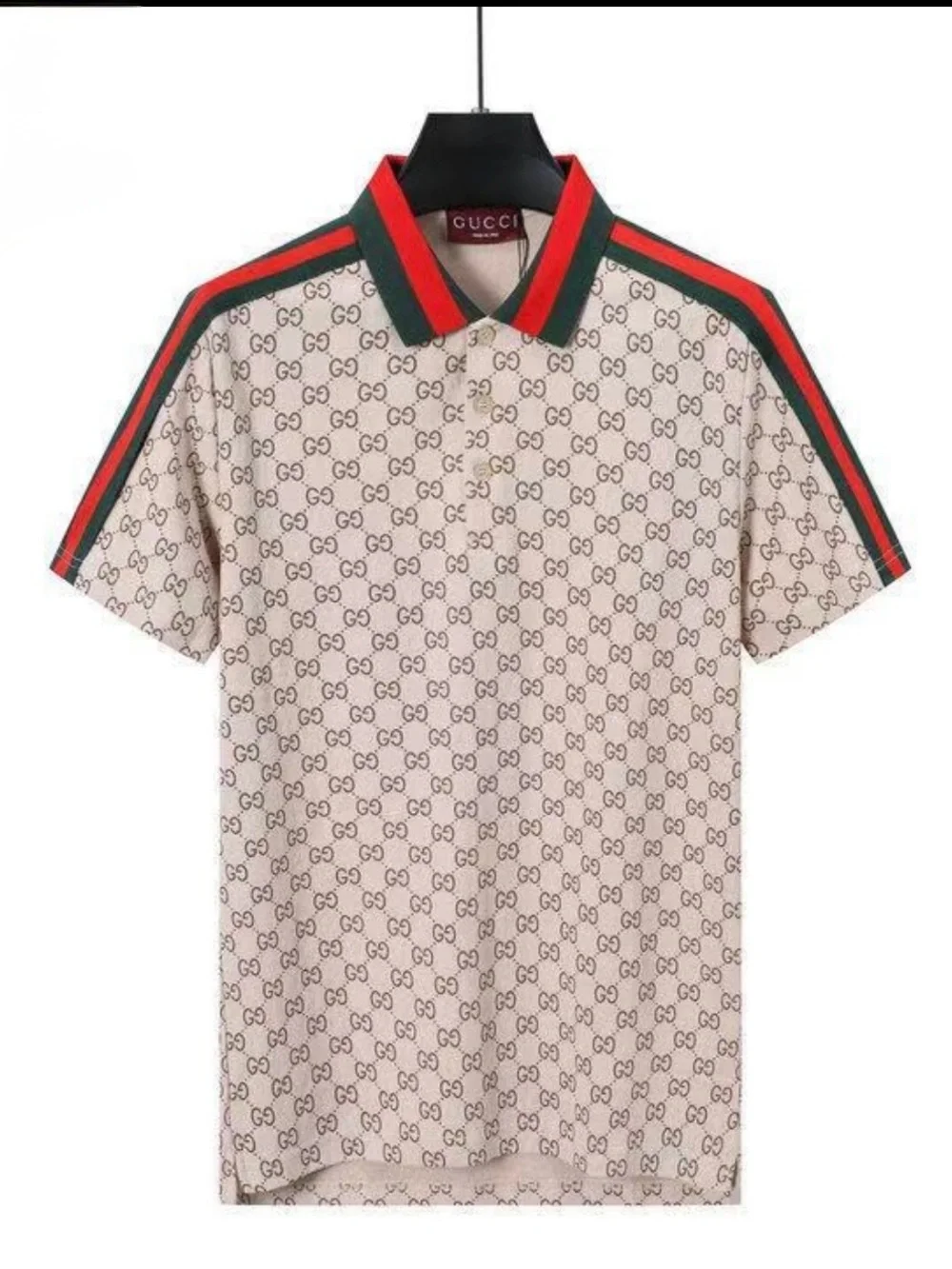 Gucci Beige Monogram Polo with Red and Green Stripe Trim